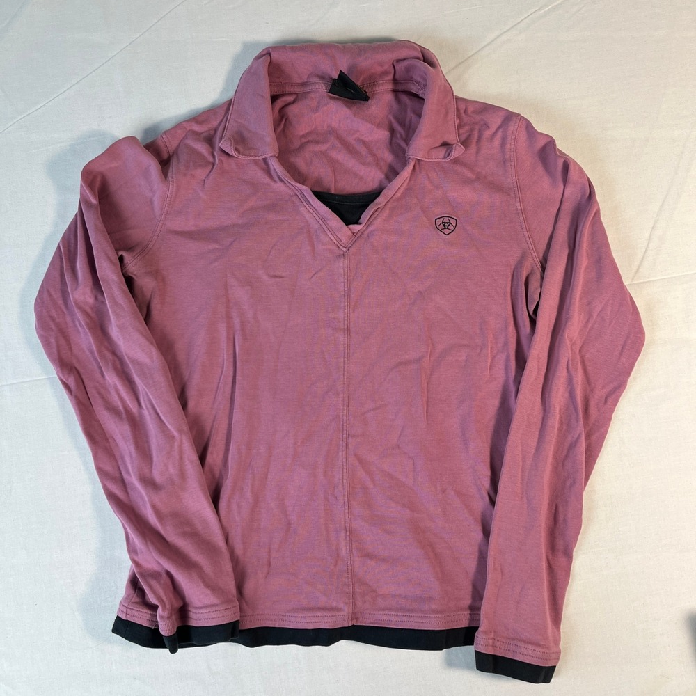 Ariat Polo Top Womens Medium Pink Excellent Layered V-Neck Long Sleeve Cotton